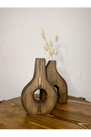 O&a Wood Doğal Ahşap Dekoratif İkili Takım Biblo Vazo Ceviz