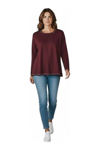 Kadın Yaka Ve Kol Ağzı Taşlı Etek Desenli Bluz Bordo