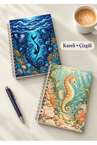 Masalsı Deniz Altı Su Altı Bahçesi Temalı 2'li Set A5 Metal Spiralli Çizgili-kareli Karton Kapak Masalsı Deniz Altı Su Altı Bahçesi Temalı 2'li Set A5 Çizgili-kareli Defter
