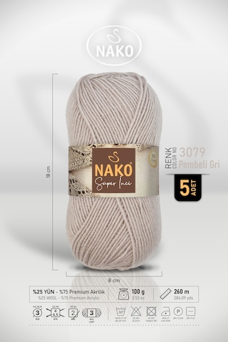 Süper İnci - 3079 Pembeli Gri - 5'li Paket - 100gr/250m - Bebek İpi - Anti Pilling Tüylenmez İp