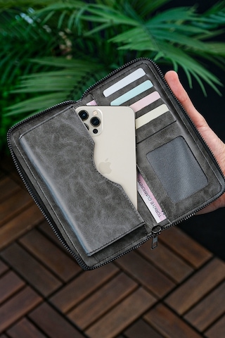 Vanilla Collection Telefon Bölmeli Unisex Deri Portföy Kartlık Uzun Cüzdan Xclub Crazy Gri