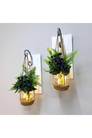 Duvar Dekoru, Led Işıklı, Mavi Kokina Çiçekli, Beyaz Aplik İkili Set