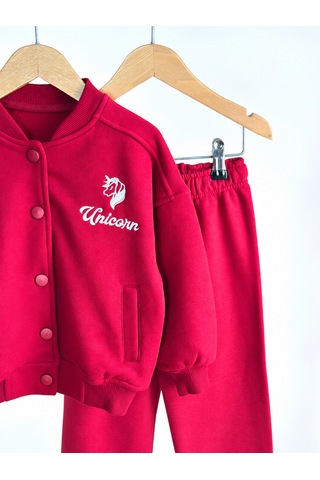Elzo Collection Unisex Çocuk Unicorn Nakış İşlemeli Bordo Kolej Ceket Eşofman Alt Üst Takım