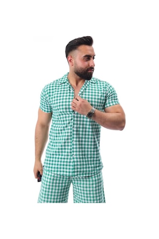Mcz Giyim Yeşil - Beyaz Renk Keten Ekose Erkek Şort - Gömlek Alt Üst Takım Yeşilbeyaz