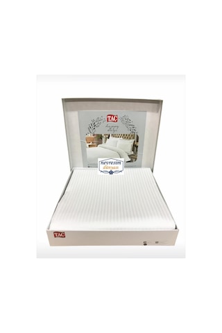 Taç Çift Kişilik Premium Basic Stripe Saten Nevresim Takımı Beyaz