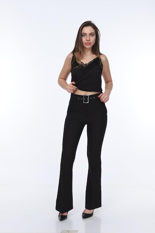 Bluence Beli Kemerli Ispanyol Paça Siyah Kumaş Pantolon Siyah