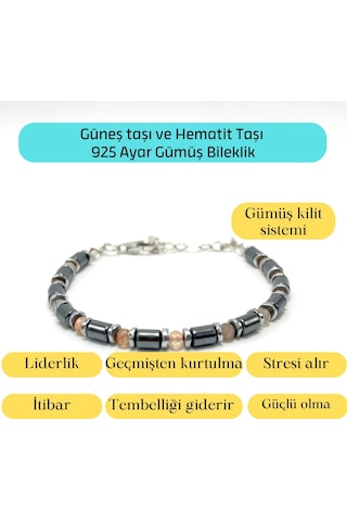 Yıldız Doğal Taş Güneş Taşı ve Hematit Doğal Taş Gümüş Bileklik 4 MM