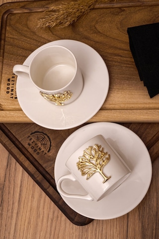 Heda Porselen Hayat Ağacı Altın Kabartma Motif 2 Kişilik Kahve Fincan Takımı