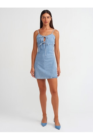 Dilvin Askılı Verev Kesim Denim Elbise Mavi