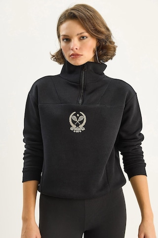 Shade Kadın Dik Yaka Yarım Fermuarlı İçi Polarlı Crop Sweatshirt 1808 60283713 - Siyah