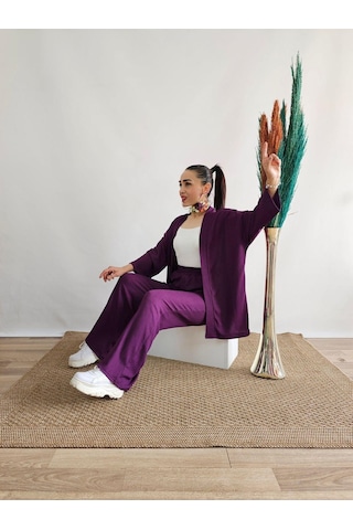 İpli Mor Renk Cep Detaylı Bol Paça Kimono Takım Mor