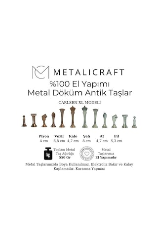 Mc44 Büyük Boy Metal Satranç Takımı Gerçek Ceviz Tahta El Yapımı Antik Taşlar 35x35cm