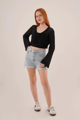 Ön Bağlamalı Ajurlu Crop Siyah Hırka Siyah