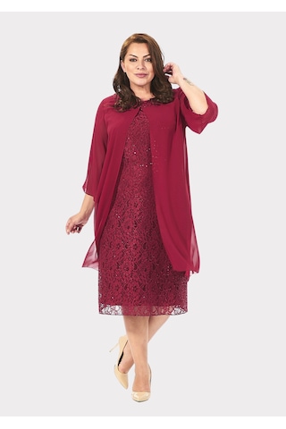 Lilas Xxl Büyük Beden Bordo Renkli Dantelli Dantelli Şifon Ceketli Abiye Elbise