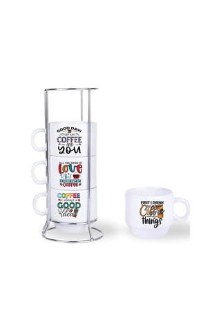 Deepcraft Stantlı 4'lü Fincan Seti Çıkmaz Baskılı Good Vibes Motto Desenli 4 Adet Fincan Seti 190 Ml Beyaz
