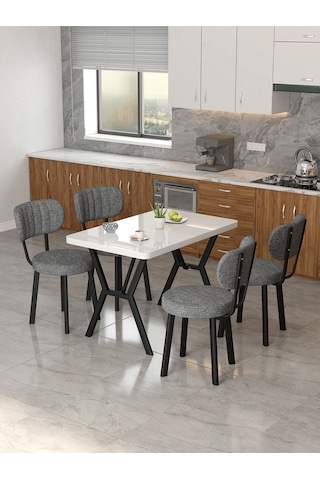 Azra 70x110cm Beyaz Mutfak Masası, Mutfak Masası Takımı, Yemek Masası, 4 Koyu Gri Sandalye Koyu Gri