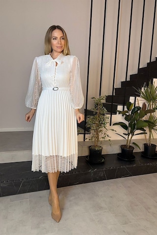 Ges Moda G0015 Dantel Detay Piliseli Elbise Beyaz-beyaz Beyaz