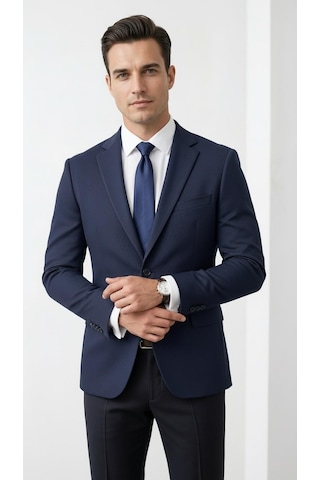 Plus Scorpion Ck 142 Slim Fit Mikro Desenli Erkek Ceket Yazlık Pike Kumaş Çift Yırtmaç Blazer Lacivert