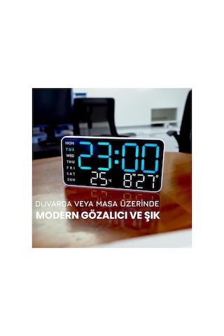 Hd Led Ekranlı Pilli Adaptörlü 2 Alarmlı Sıcaklık Tarih Göstergeli Mavi Beyaz Duvar Masa Saati Fonksiyonel Saat