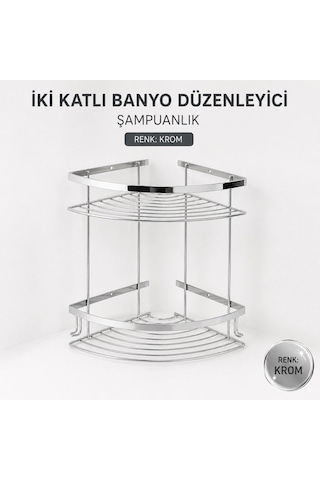 İki Katlı Krom Şampuanlık 18x18 Cm Paslanmaz Banyo Rafı Duş İçi Köşe Düzenleyici Organizer Diğer
