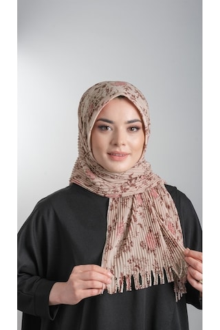 Bej Pratik Hazır Geçmeli Tesettür Eşarp Kesik Elyaf Piliseli Çiçe (553629989) Bej