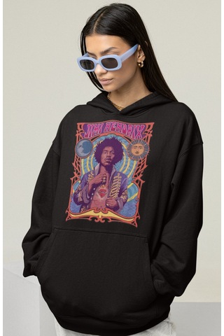 Sevbano Jimi Hendrix Baskılı Unisex Oversize Şarkıcı Hoodie Siyah