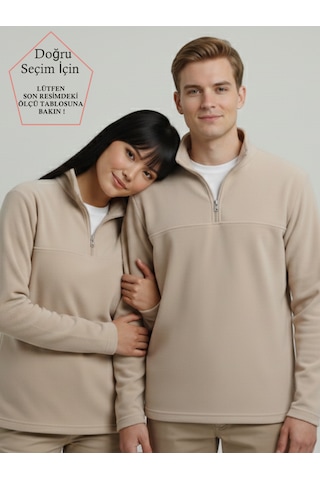 Smalltouch Unısex Tüylenme Yapmayan Normal Kalıp Dik Yaka Soğuk Geçirmez Polar Bej