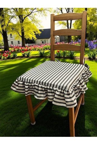 Siyah Çizgili Buldan Yıkanmıs Keten 4 Tarafı Fırfırlı Sandalye Minderi Çok Renkli