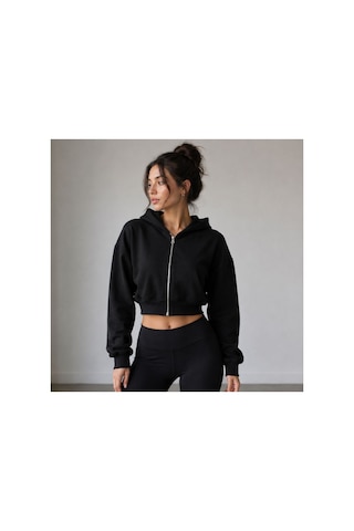 Herkesemoda Kadın Siyah Fermaurlı Kapüşonlon 2 İplik Şardonlu Crop Sweatshirt Siyah