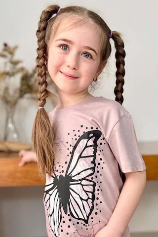 Riccotarz Kız Çocuk Kara Kalem Kelebek Baskılı Penye Pudra T-shirt Şortlu Takım Pudra