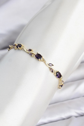 Pirinç Gold Renk Mor Zirkon Taşlı Çiçek Model Kadın Bileklik Çok Renkli