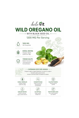 Helovit Wild Oregano Oil 1200 Mg Çörek Otu Yağı İçeren Doğal Vücut Direnci Desteği 30 Softjel