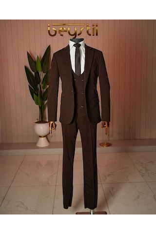 Bys Beystil Kahverengi Mono Yaka Takım Elbise Nikol - Slim Fit Kahve