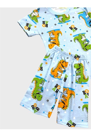 Aliş Kids Erkek Çocuk Pamuklu Mavi Renk Dinozor Desenli Kısa Kollu Şortlu Yazlık Pijama Takımı