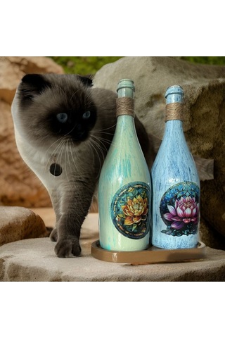 Lotus Çiçeği Desenli Sunum Stantlı 2'li 750 Ml Yağlık Sirkelik