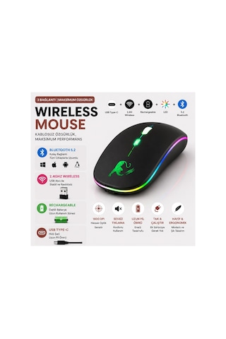 Jng-5012m Kablosuz Şarjlı Mouse Çift Modlu Bluetooth Ve 2.4 Ghz Usb Wireless Rgb Led Işıklı Telefon Tablet Bilgisayar Uyumlu 1600 Dpi Sessiz Click Mouse Diğer