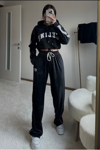 Moystore Ceelinnee Siyah Kadife Eşfman Takıım Siyah
