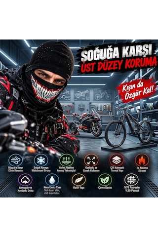 Biçomi Rüzgâr Geçirmez Kask İçi Nefes Alan Viskoz Tam Yüz Balaklava & Termal Boyunluk Unisex Siyah