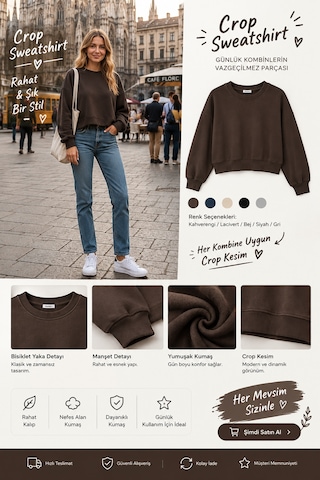 Luxıc Core Kadın Crop Bisiklet Yaka Sweatshirt Pamuklu Yumuşak Dokulu Günlük Spor Sweatshirt Kahverengi