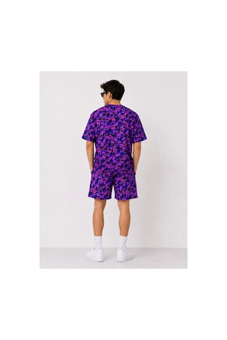 Butik İstanbul Erkek Oversize Kalıp Pubg Bape X Shark Nakışlı Cepli Şort Takım - Mor