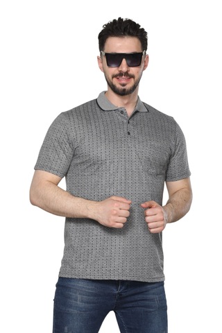 Kzctekstil Erkek Baba Ve Orta Yaş Penye Tişört Yakalı Cepli Jakarlı Kumaş Klasik Kesim Gri