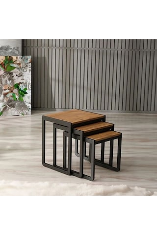 Doğal Ahşap Masif Panel Üçlü Zigon Sehpa Siyah