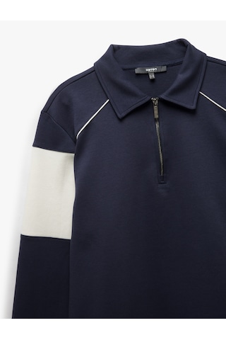 Koton Pamuklu Renk Bloklu Uzun Kollu Yarım Fermuarlı Sweatshirt Lacivert 5sam70034mk Lacivert