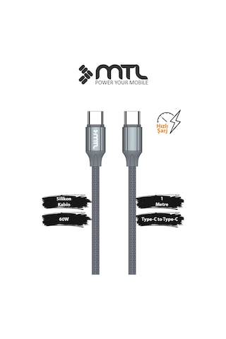 60w Pd Type-c To Type-c Silikon Hızlı Şarj Ve Data Kablosu 1 Metre Gri Mt2114