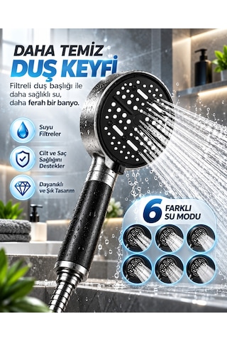 Büyük Panelli 6 Farklı Su Modlu Filtreli Duş Başlığı Siyah Metalik Tasarım