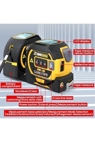 Hong Sheng 3'ü 1 Arada LCD Göstergeli 40 M Lazer Metre + 5 M Mezura
