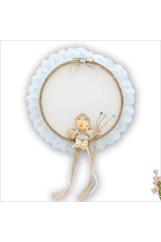 Süslebabypartystore Güpürlü Ve Ayıcıklı 37Cm Kasnak Kapı Süsü - Mavi