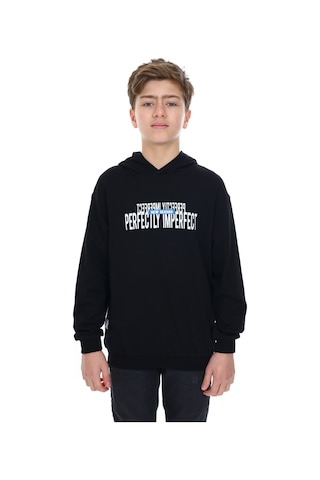 Toontoy Kids Toontoy Erkek Çocuk Oversize Kapüşonlu Hafif Düşük Omuz Baskılı Sweatshirt - 2 İplik Siyah