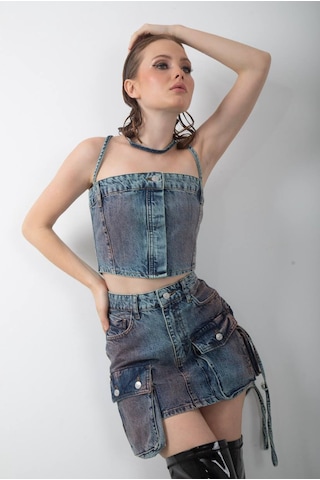 Denim Crop Top Ve Cepli Asimetrik Mini Etek Takım Mavi