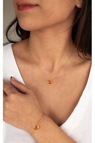 Doğan Diamond 925 Ayar Gümüş Altın Kaplama Doğal Sitrin Taşı Damla Set Kolye Ve Bileklik Bolluk Ve Bereket li Minimalist Tasarım Altın